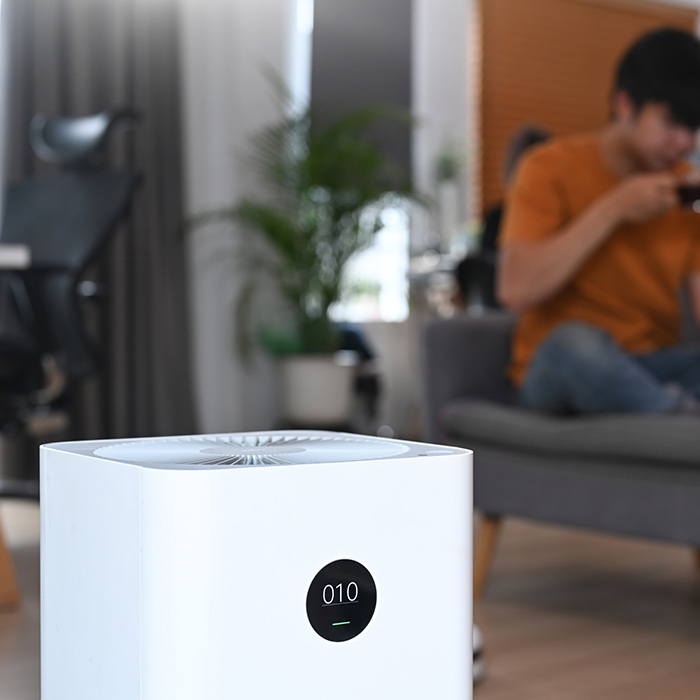 Air purifier on the floor in living room